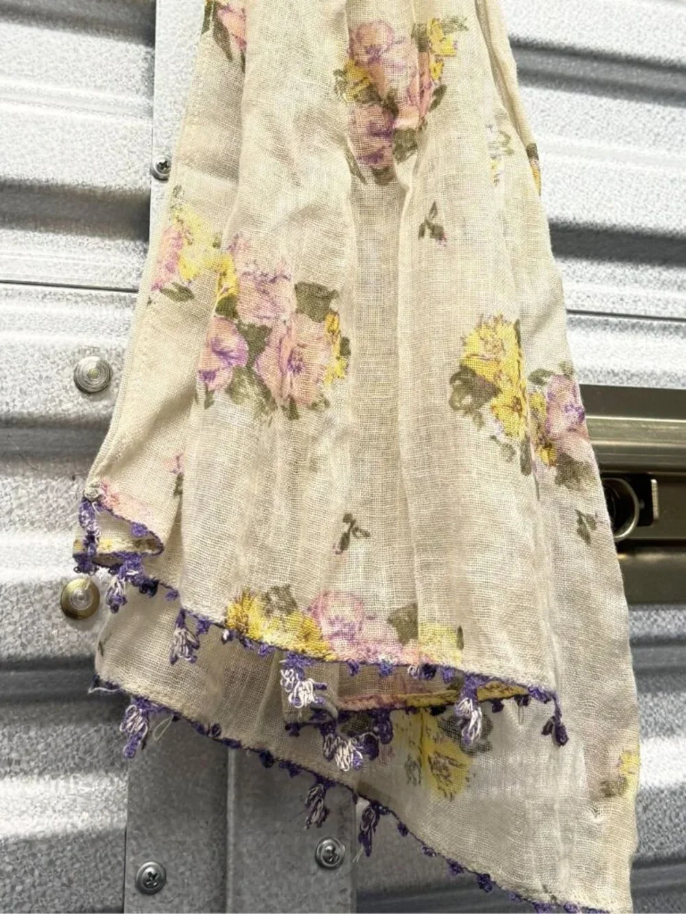 45RPM 45R Baby Line Beige Multicolor Flower Print Fringe Linen Scarf